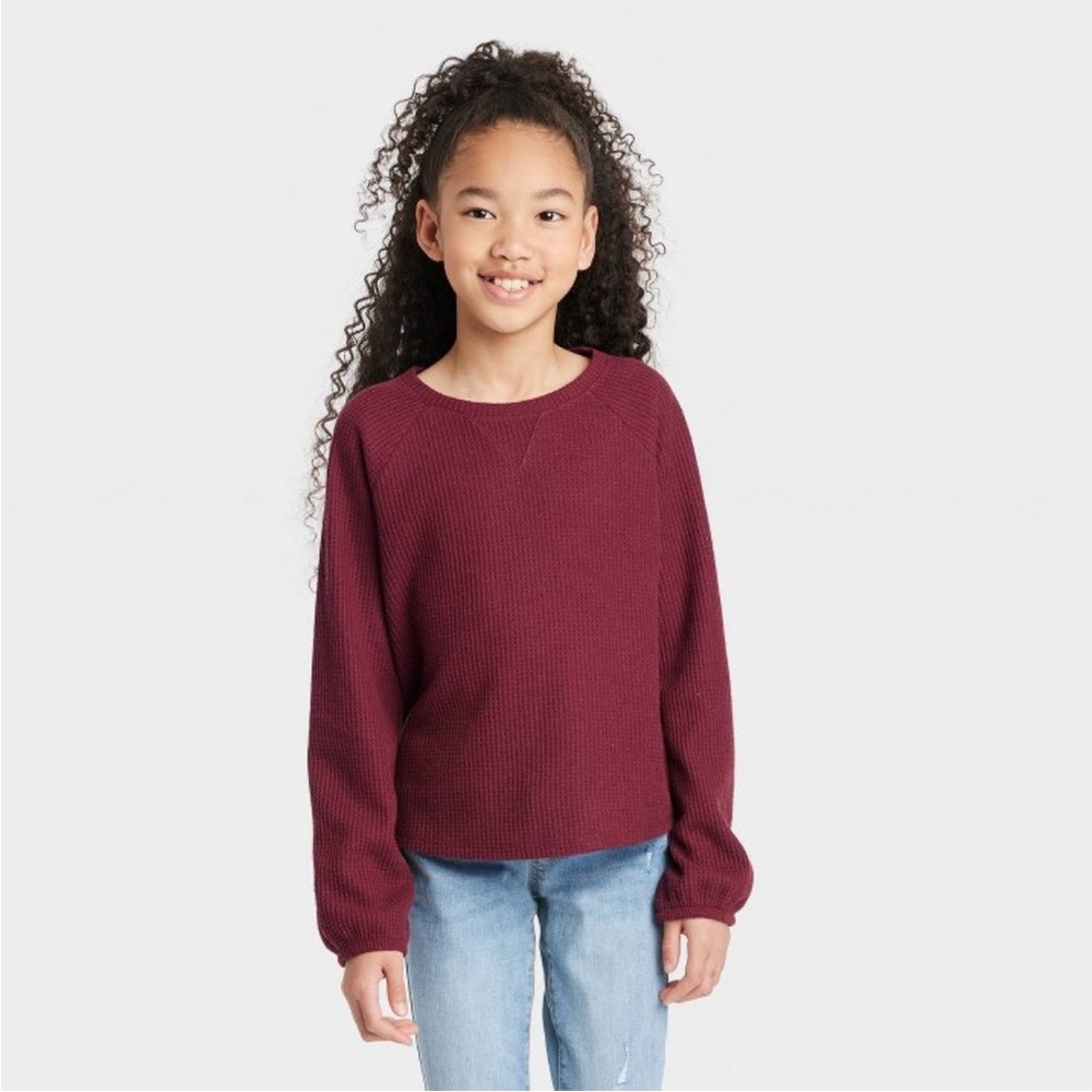 Girls' Cozy Maroon Waffle Long Sleeve Shirt